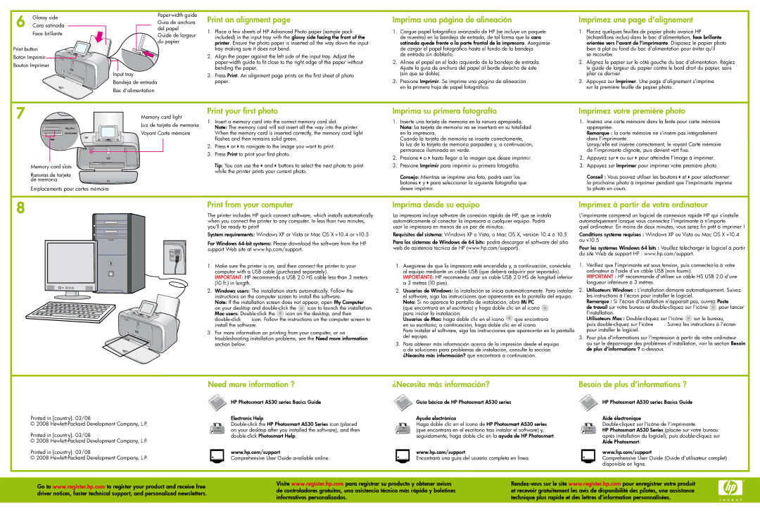 HP A530 manual Print an alignment, Imprima una página de alineación, Imprimez une page d’alignement, Print your first photo 