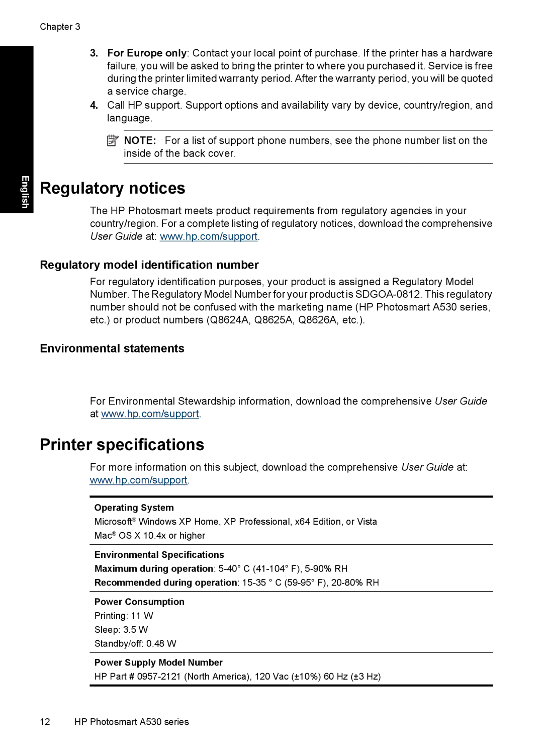 HP A530 manual Regulatory notices, Printer specifications 