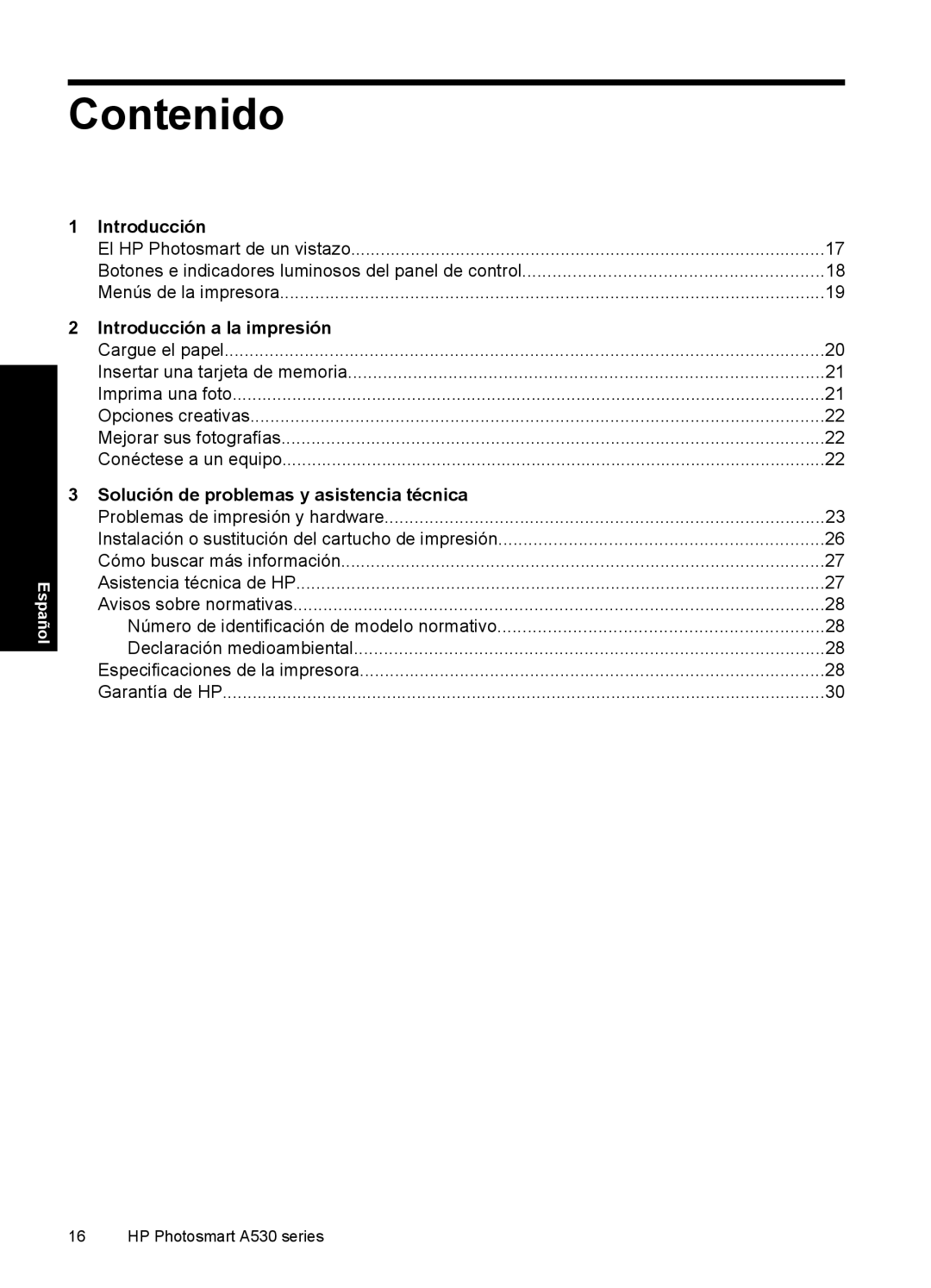 HP A530 manual Contenido, Introducción a la impresión, Solución de problemas y asistencia técnica 