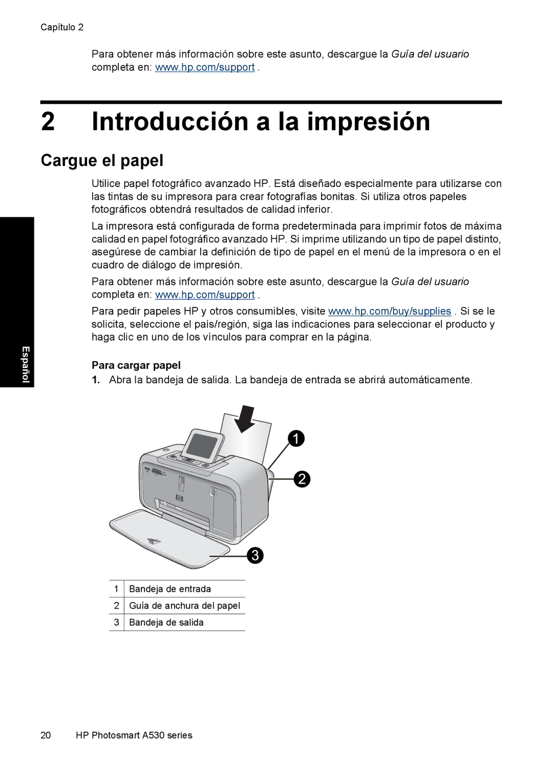 HP A530 manual Introducción a la impresión, Cargue el papel, Para cargar papel 