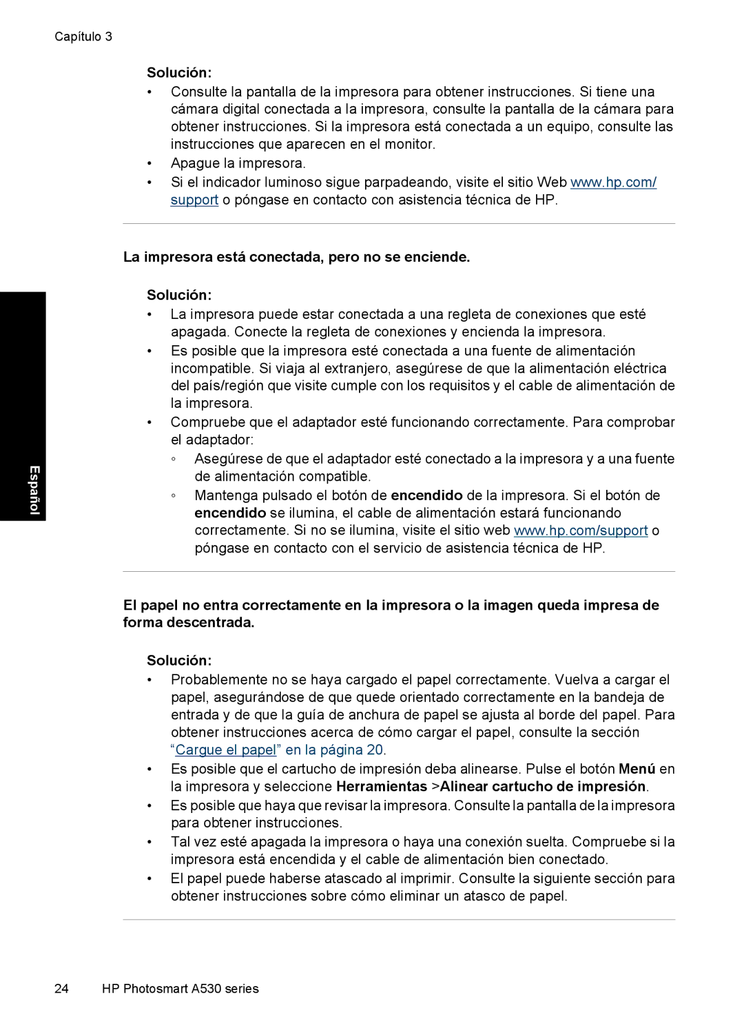 HP A530 manual La impresora está conectada, pero no se enciende Solución 