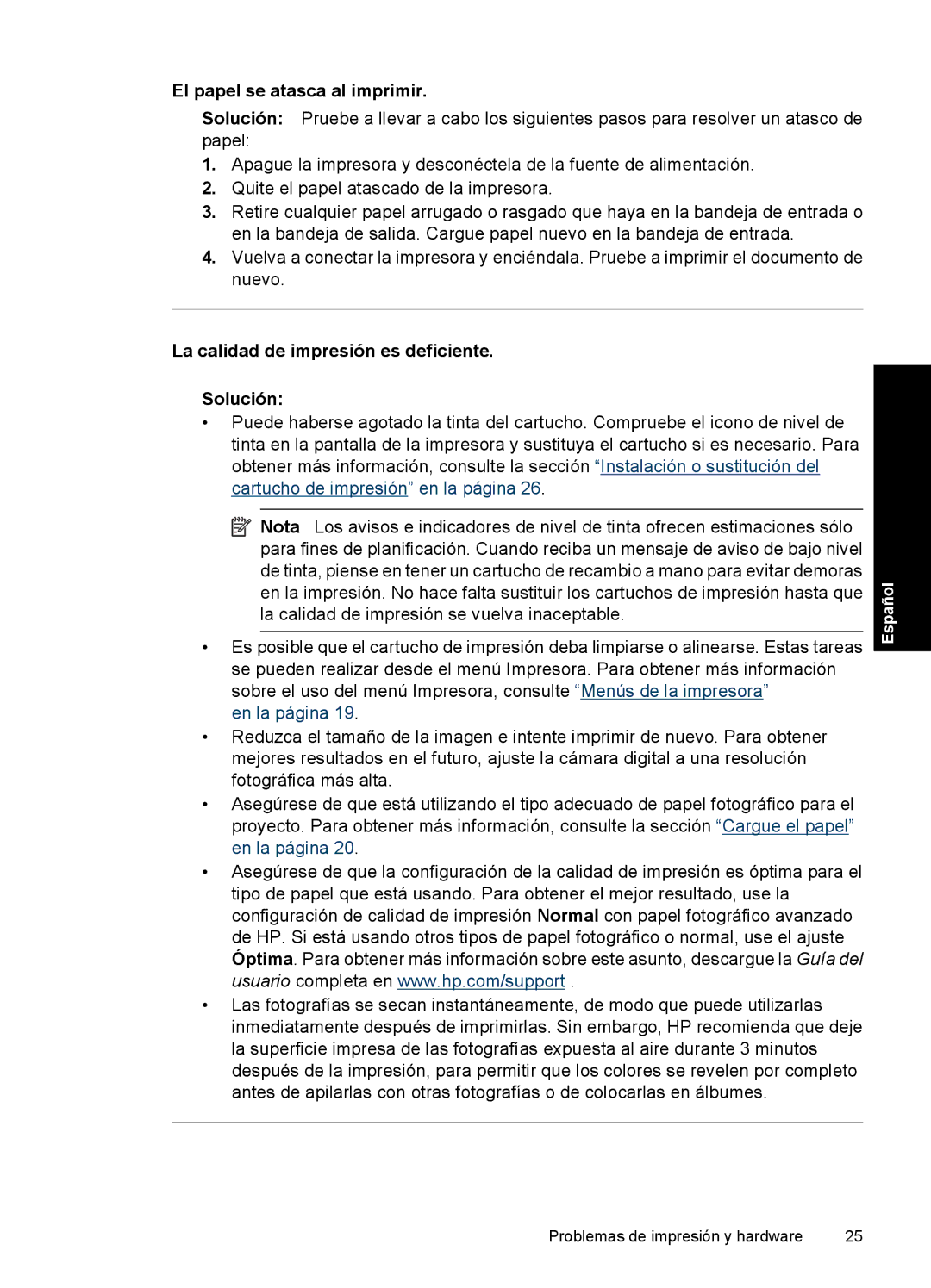 HP A530 manual El papel se atasca al imprimir, La calidad de impresión es deficiente Solución 