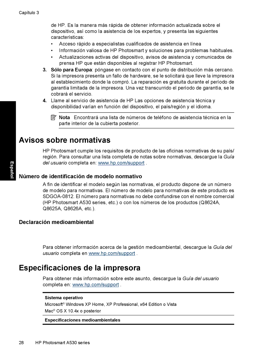 HP A530 Avisos sobre normativas, Especificaciones de la impresora, Sistema operativo, Especificaciones medioambientales 