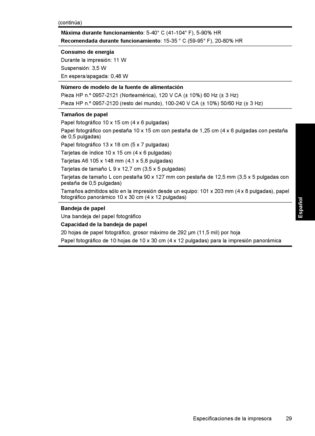 HP A530 manual Número de modelo de la fuente de alimentación, Tamaños de papel, Bandeja de papel 