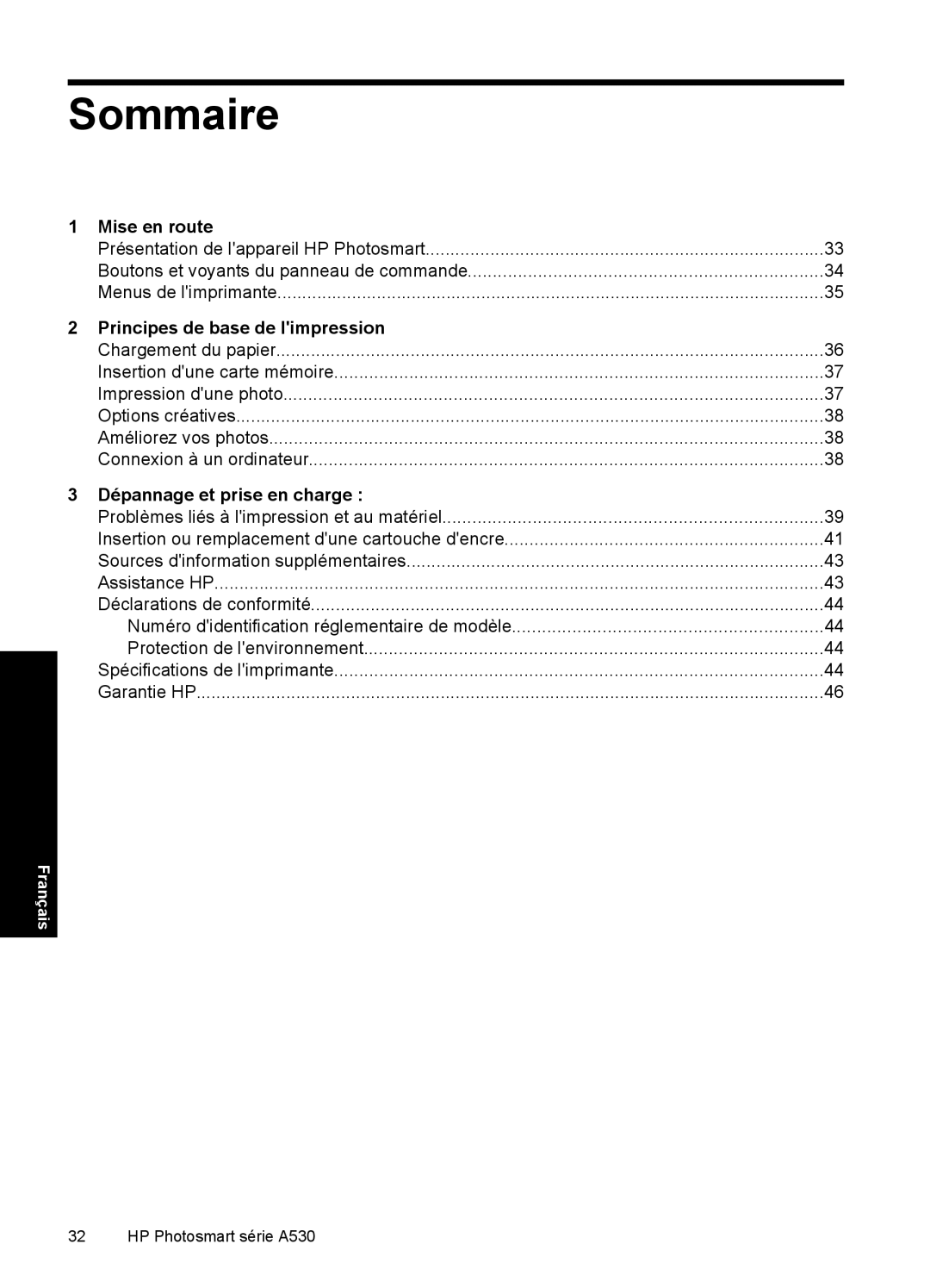 HP A530 manual Sommaire, Mise en route, Principes de base de limpression, Dépannage et prise en charge 