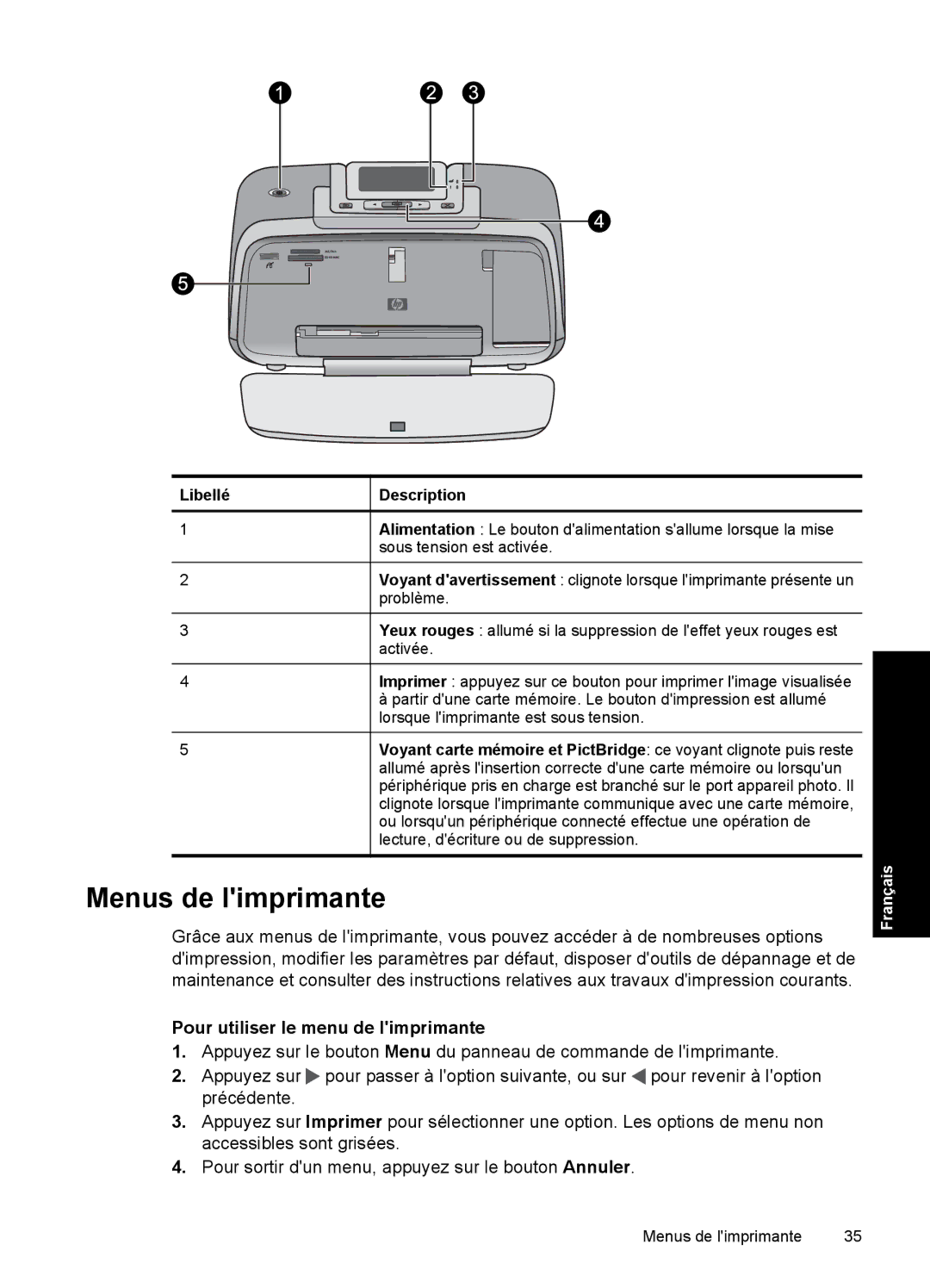 HP A530 manual Menus de limprimante, Pour utiliser le menu de limprimante 