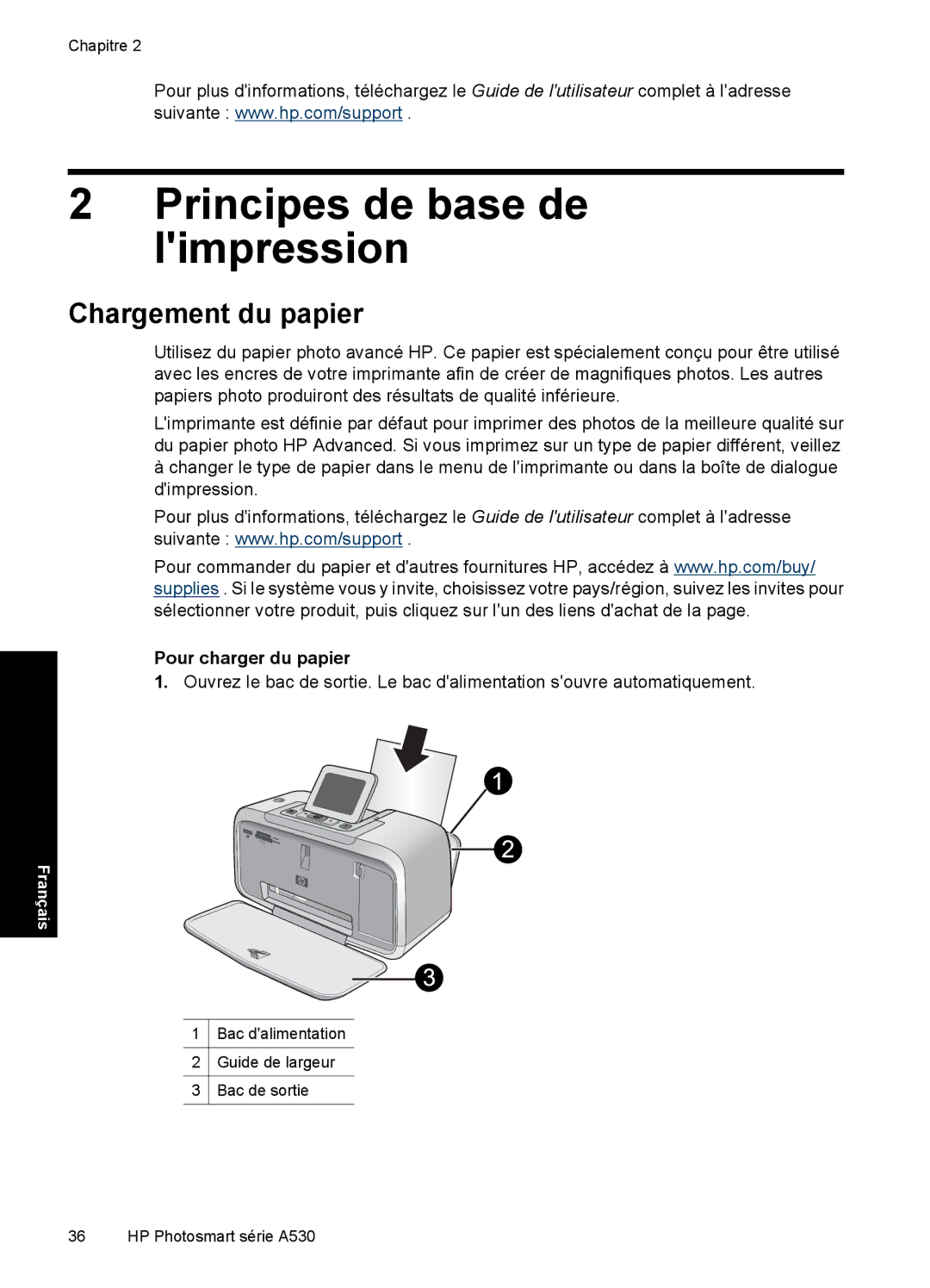 HP A530 manual Principes de base de limpression, Chargement du papier, Pour charger du papier 