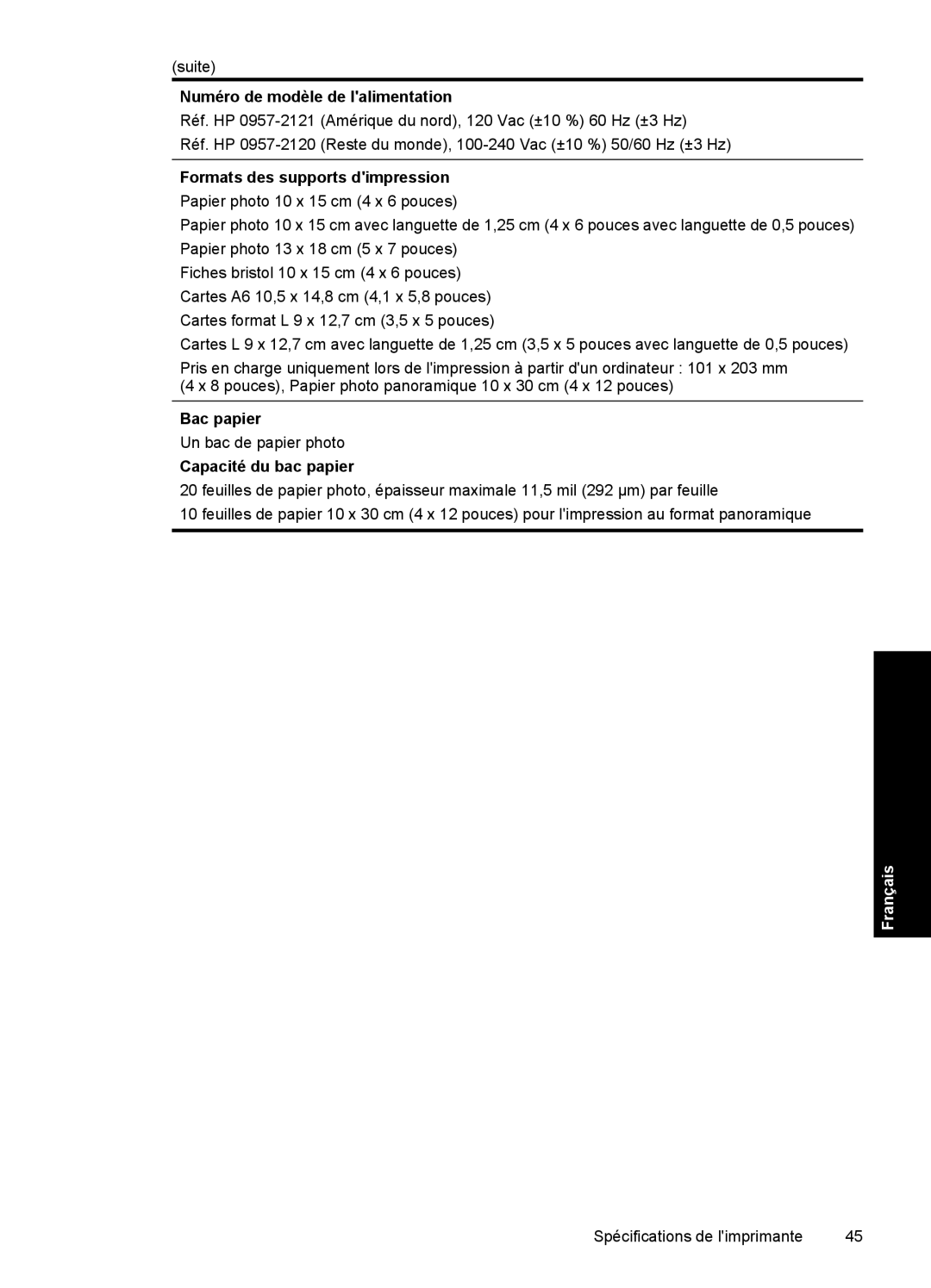 HP A530 manual Numéro de modèle de lalimentation, Formats des supports dimpression, Bac papier, Capacité du bac papier 