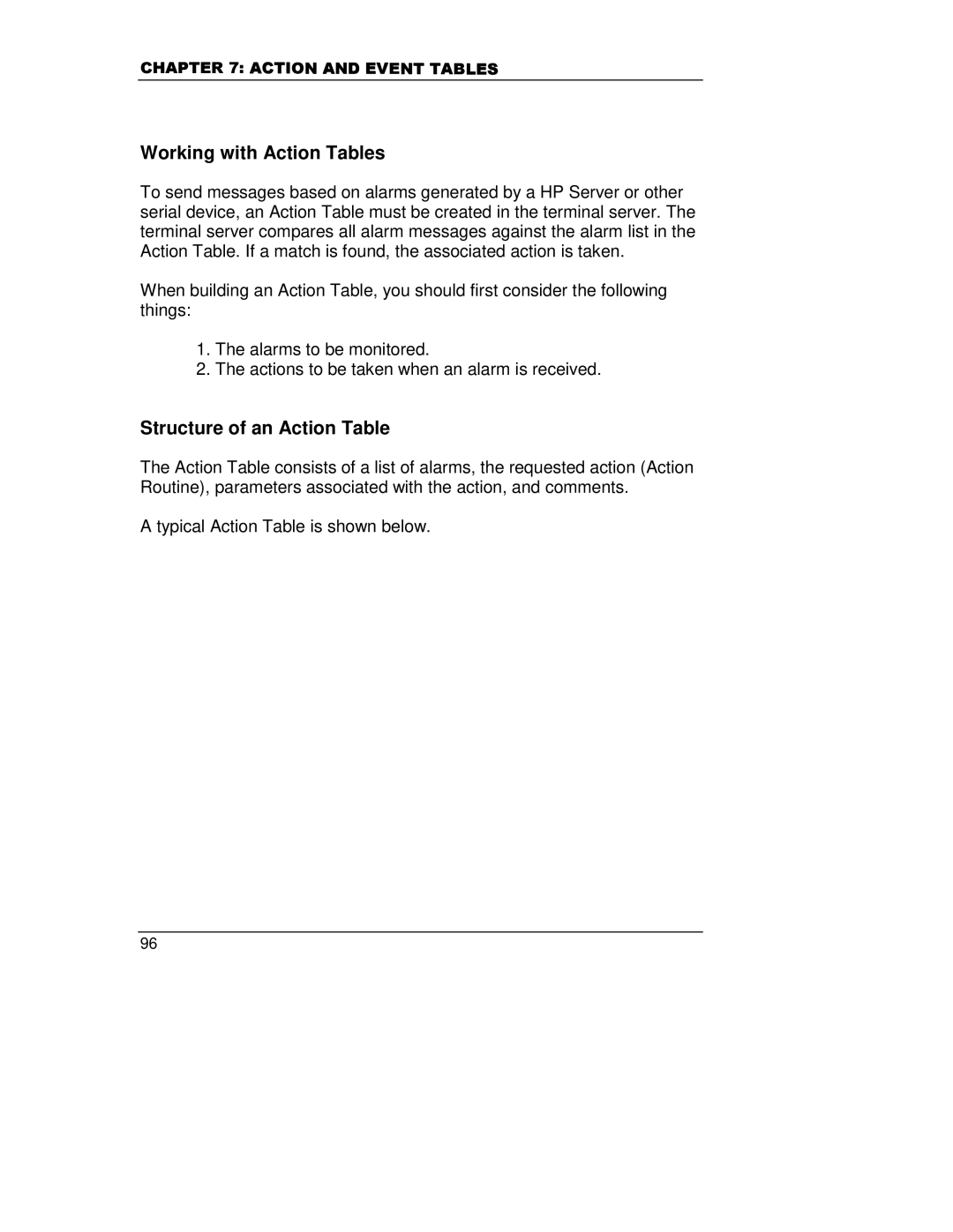 HP A5799A manual Working with Action Tables, Structure of an Action Table 