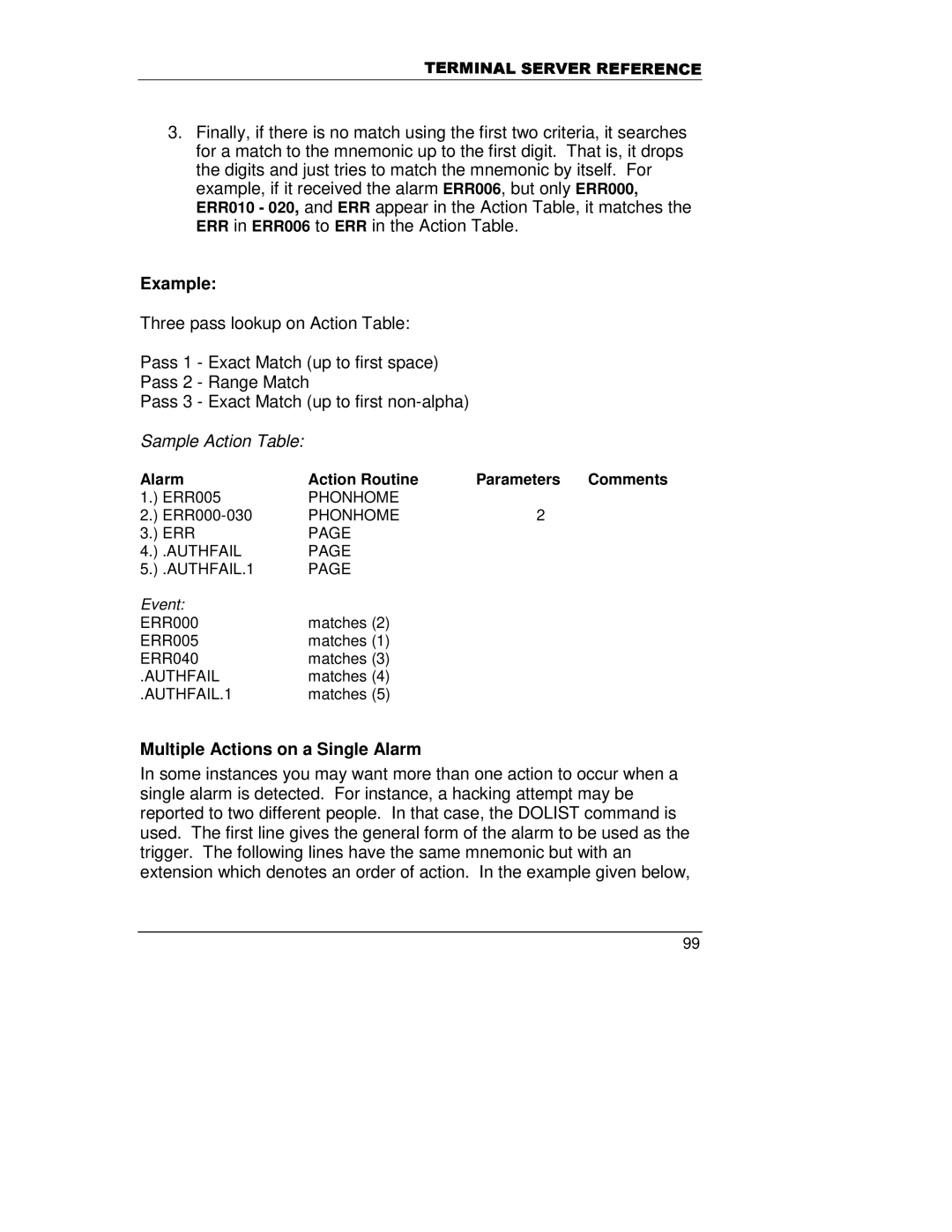 HP A5799A manual Example, Sample Action Table, Multiple Actions on a Single Alarm 