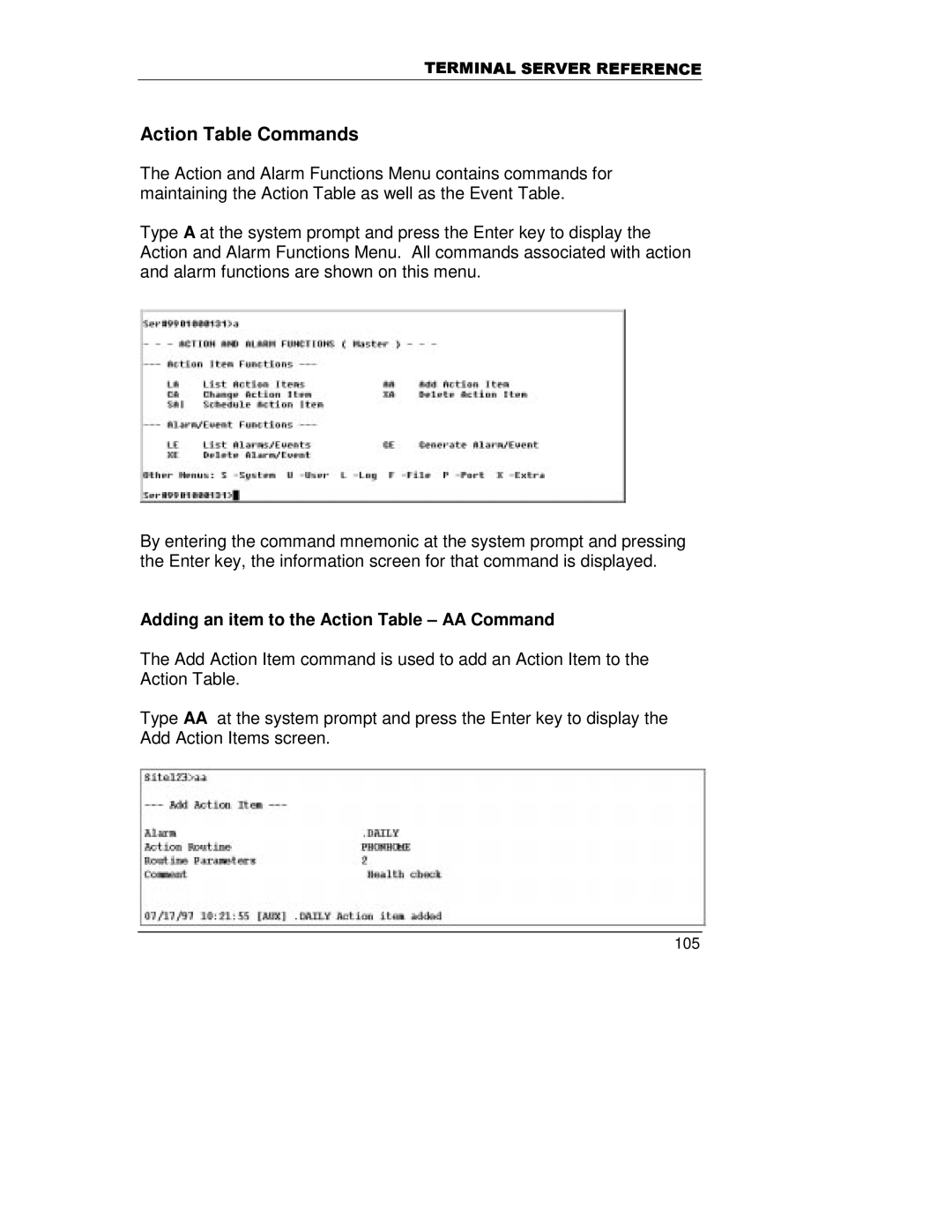 HP A5799A manual Action Table Commands, Adding an item to the Action Table AA Command 