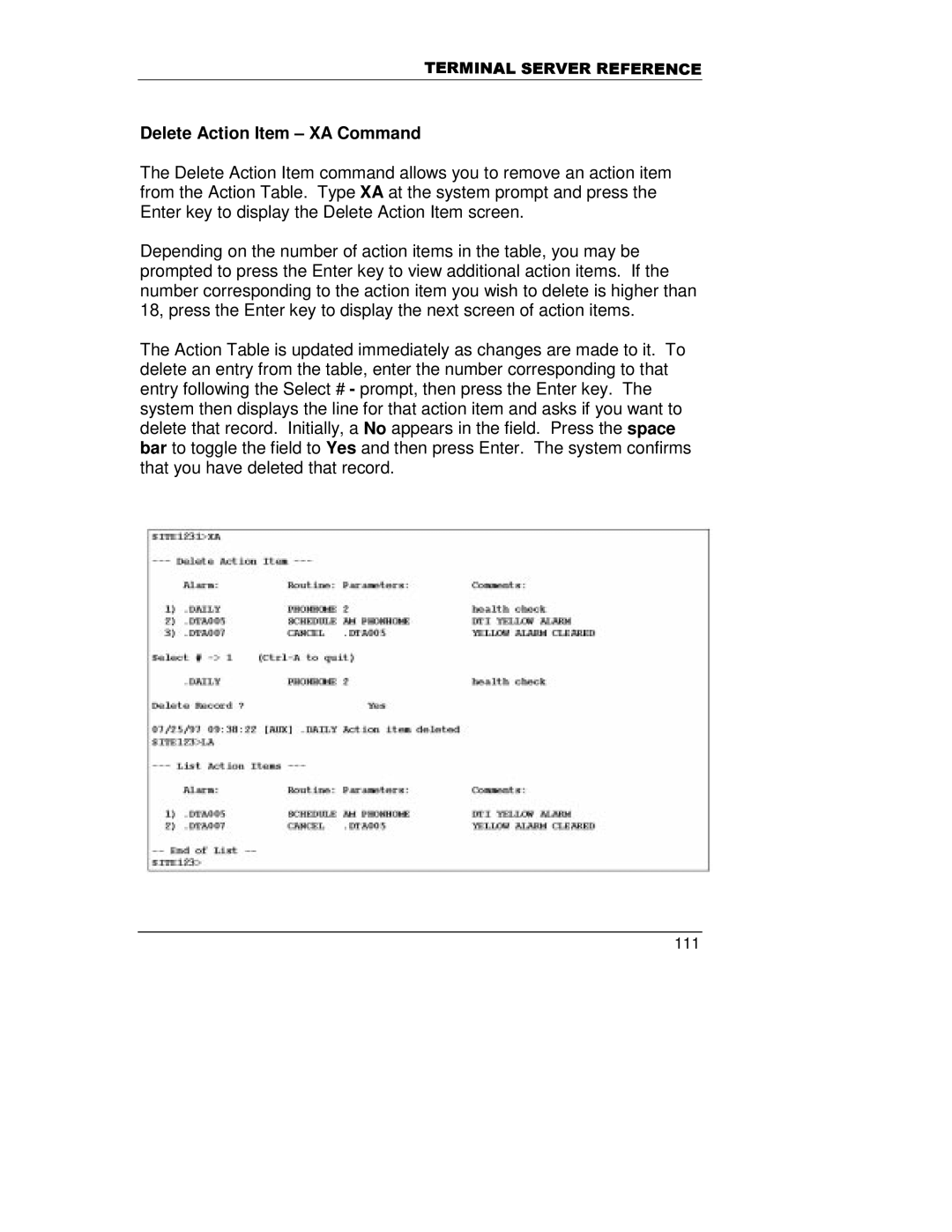 HP A5799A manual Delete Action Item XA Command 