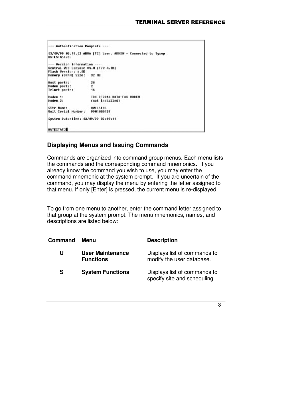 HP A5799A manual Displaying Menus and Issuing Commands, Command Menu, Functions Modify the user database 