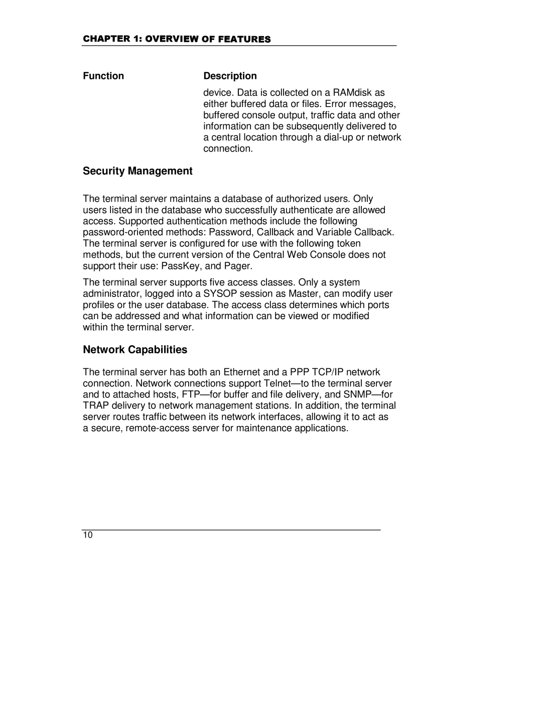 HP A5799A manual Security Management, Network Capabilities, FunctionDescription 