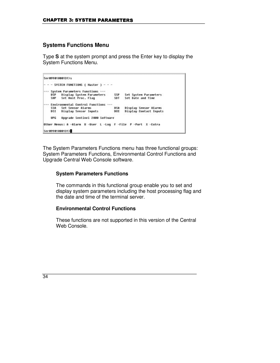 HP A5799A manual Systems Functions Menu, System Parameters Functions, Environmental Control Functions 