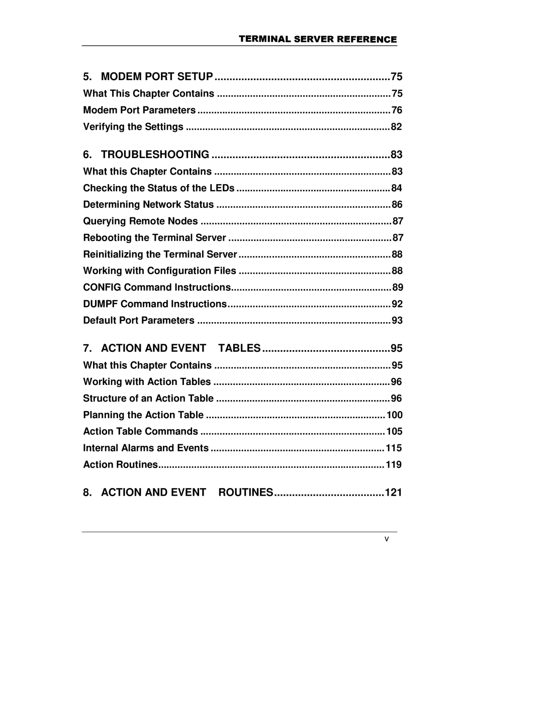 HP A5799A manual Modem Port Setup, Troubleshooting, Action and Event Tables, Action and Event Routines, 121 