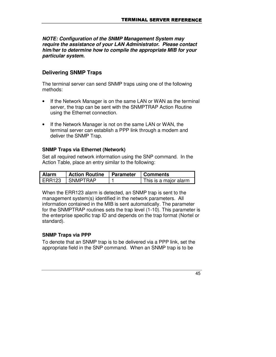 HP A5799A manual Delivering Snmp Traps, Snmp Traps via Ethernet Network, Alarm Action Routine Parameter Comments ERR123 