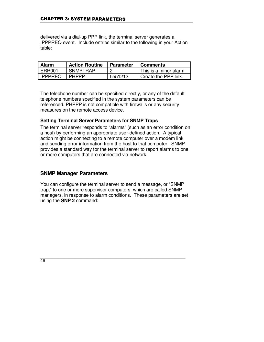 HP A5799A manual Snmp Manager Parameters, Alarm Action Routine Parameter Comments, Snmptrap, Pppreq Phppp 