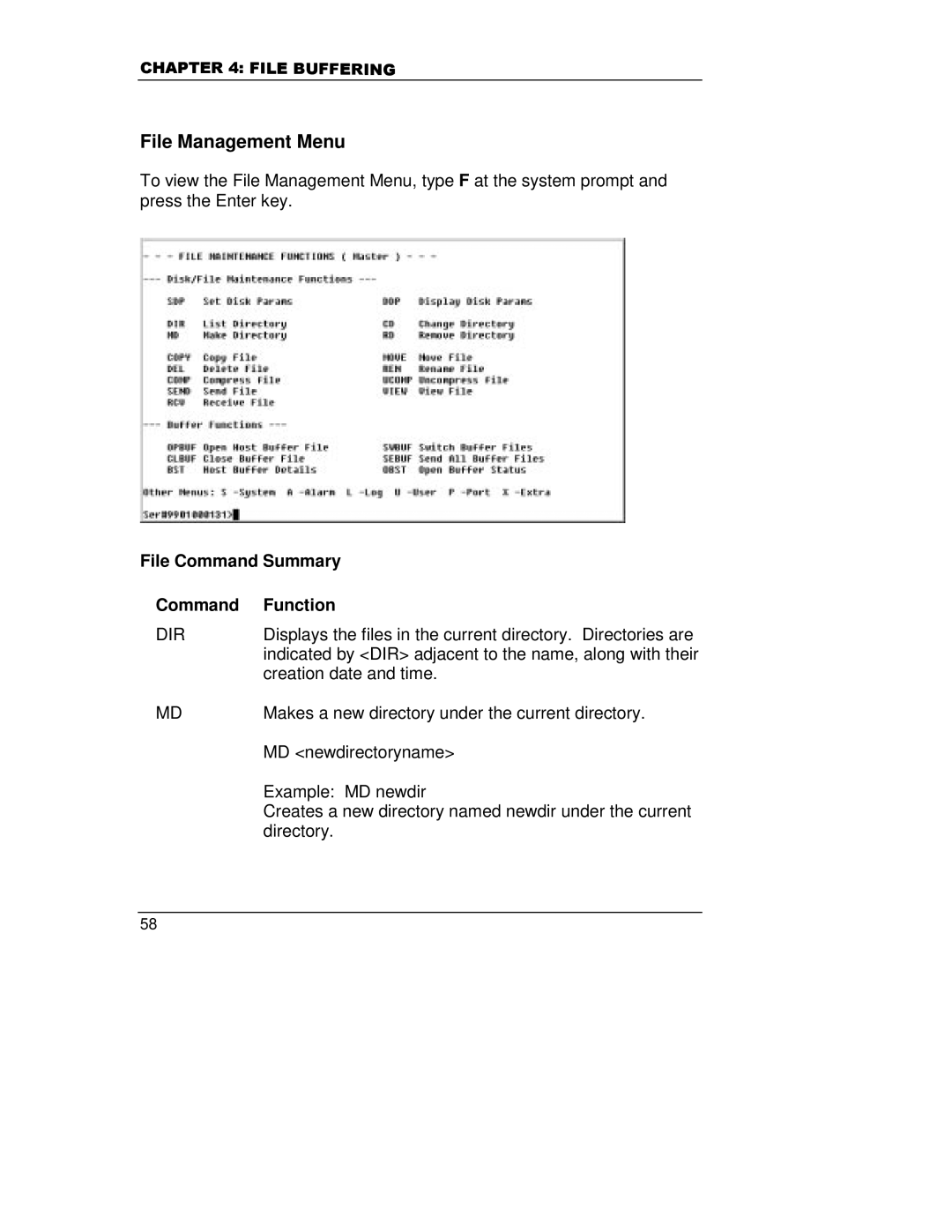 HP A5799A manual File Management Menu, File Command Summary Function, Dir 