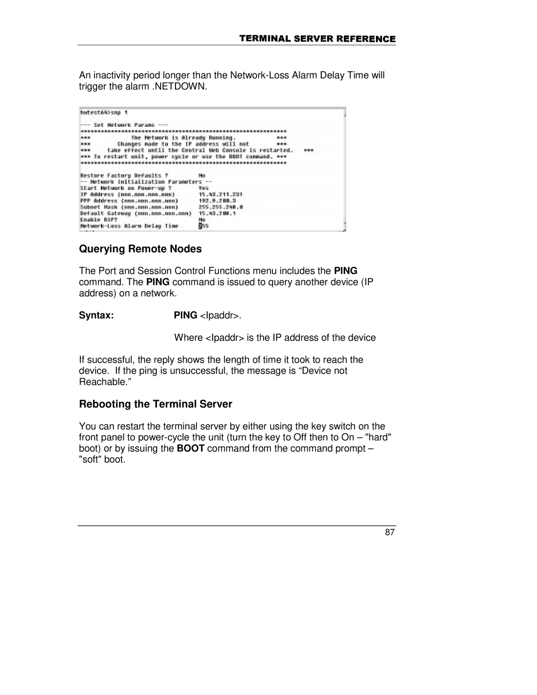 HP A5799A manual Querying Remote Nodes, Rebooting the Terminal Server 