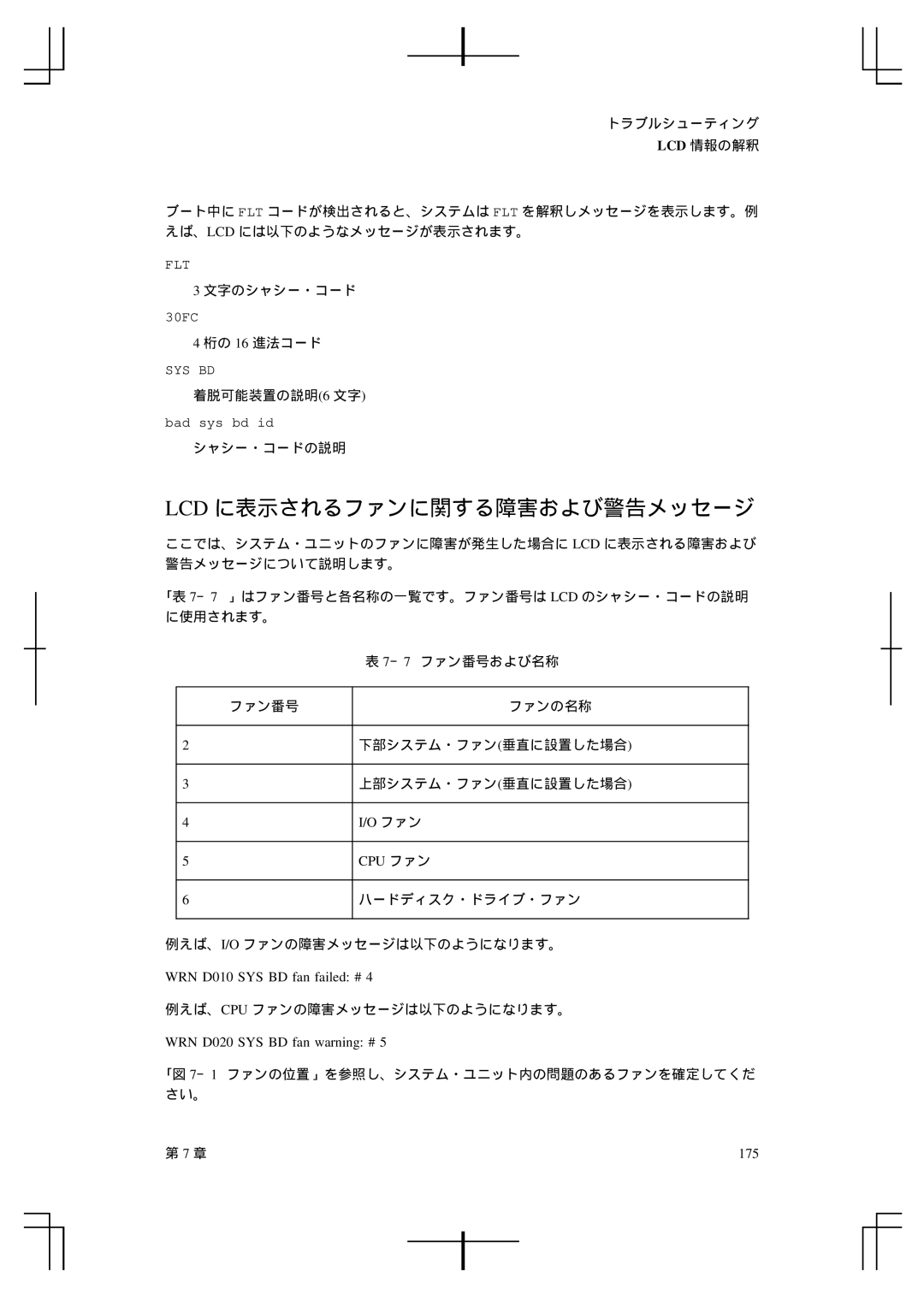 HP A5992-90100 Lcd に表示されるファンに関する障害および警告メッセージ, ファン Cpu ファン, WRN D010 SYS BD fan failed #, WRN D020 SYS BD fan warning # 