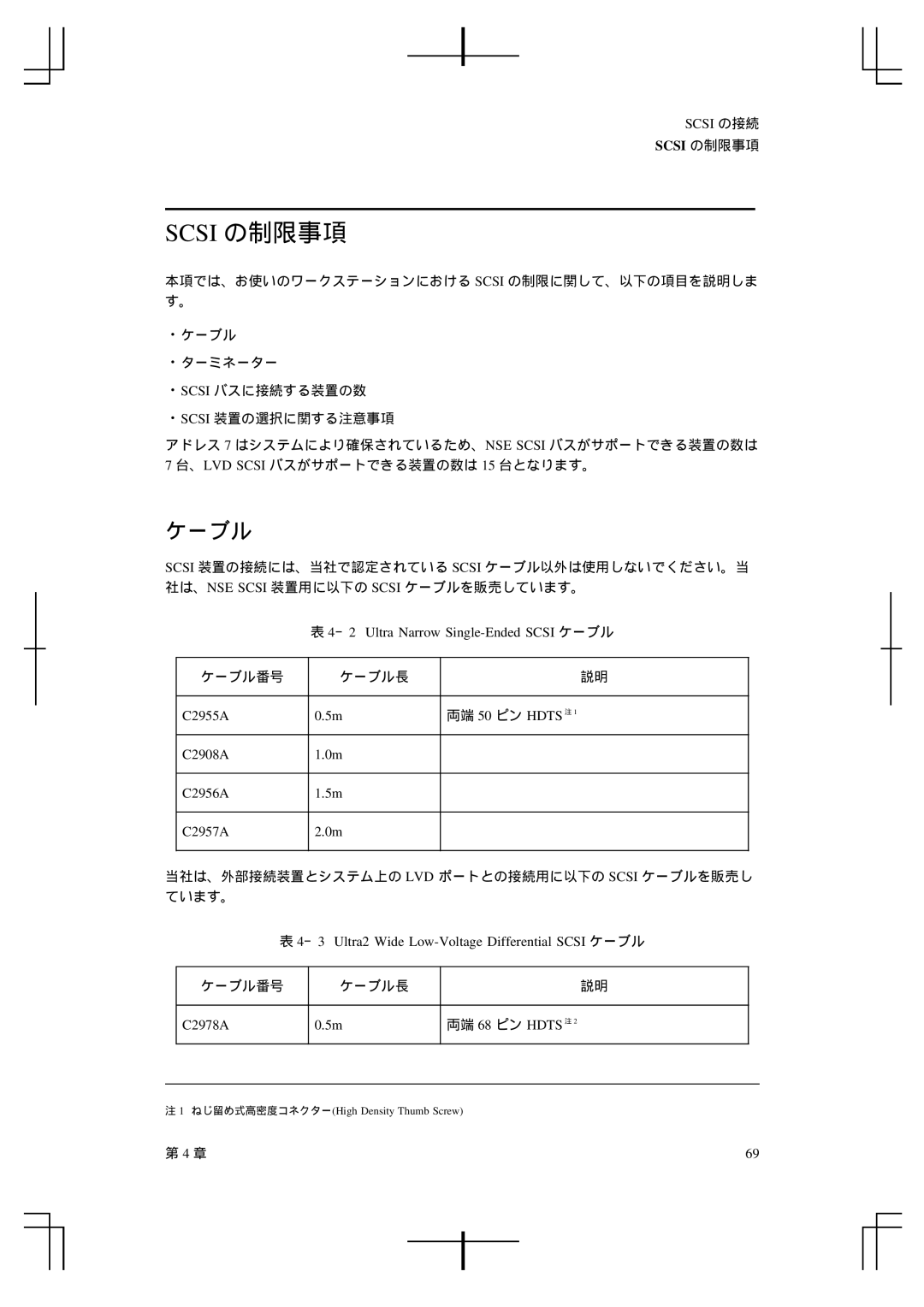 HP A5992-90100 manual －2 Ultra Narrow Single-Ended Scsi ケーブル, C2955A 両端 50 ピン Hdts 注 C2908A C2956A C2957A 