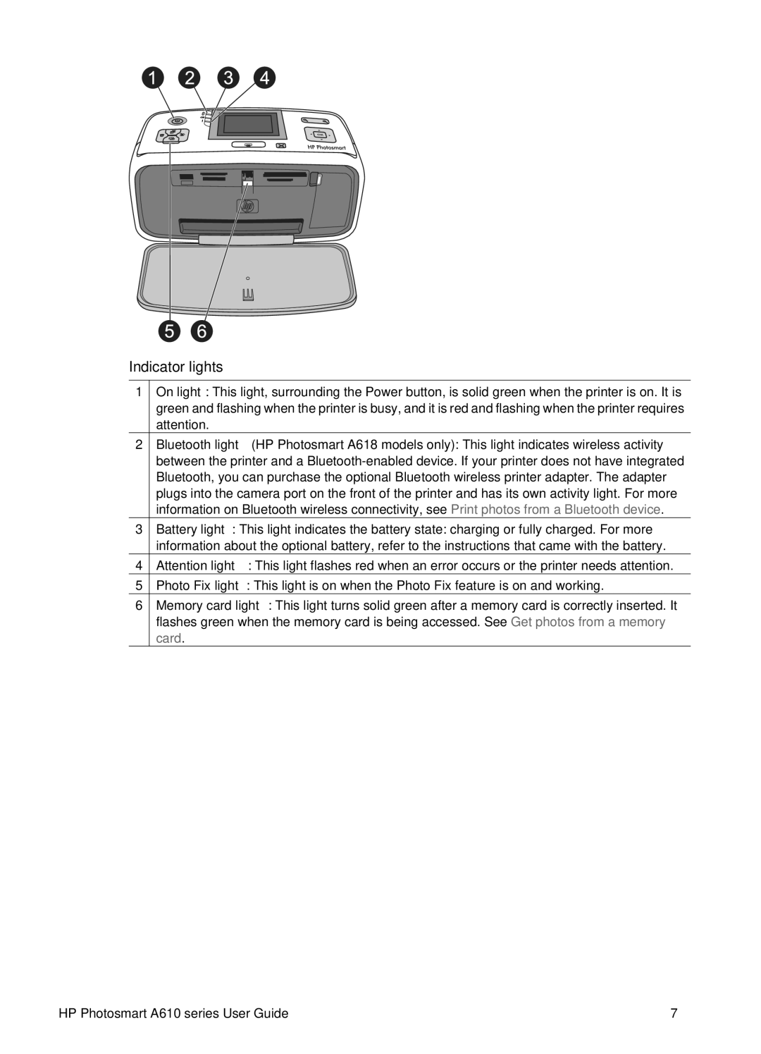 HP A610 manual Indicator lights 