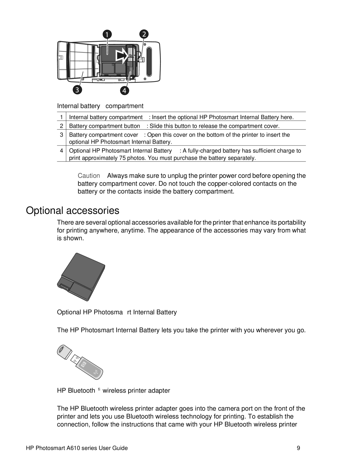 HP A610 manual Optional accessories, Internal battery compartment, Optional HP Photosmart Internal Battery 