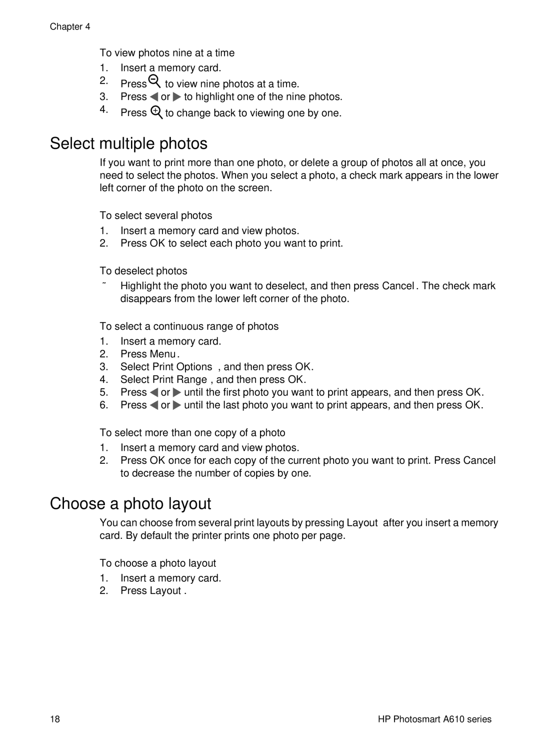 HP A610 manual Select multiple photos, Choose a photo layout 