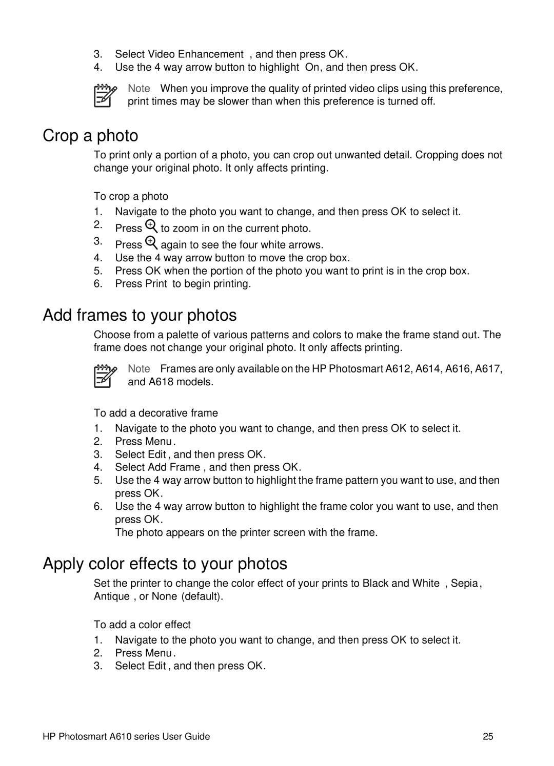 HP A610 manual Crop a photo, Add frames to your photos, Apply color effects to your photos 
