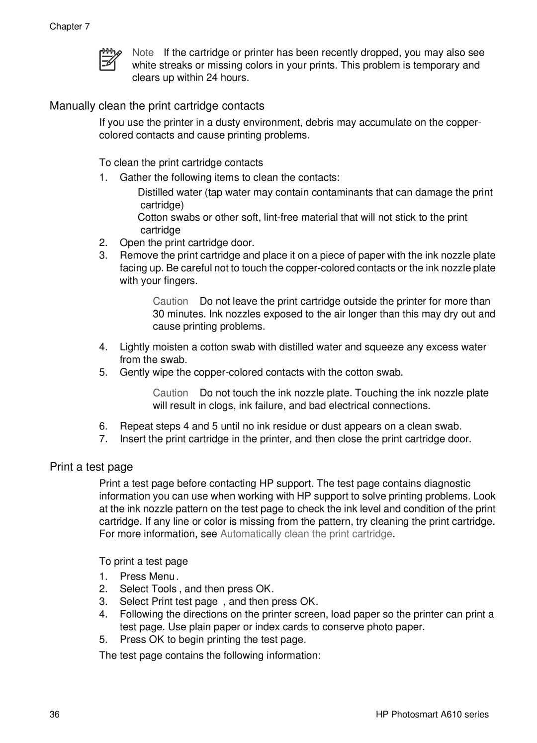 HP A610 Manually clean the print cartridge contacts, Print a test, To clean the print cartridge contacts, To print a test 