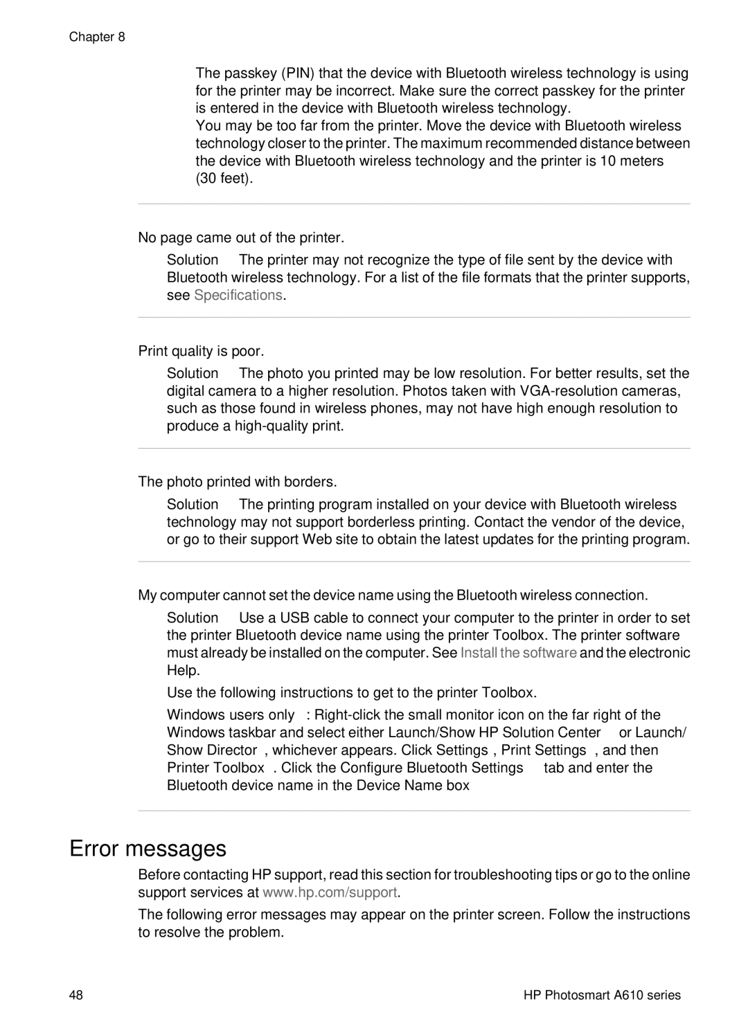 HP A610 manual Error messages, No page came out of the printer, Print quality is poor, Photo printed with borders 