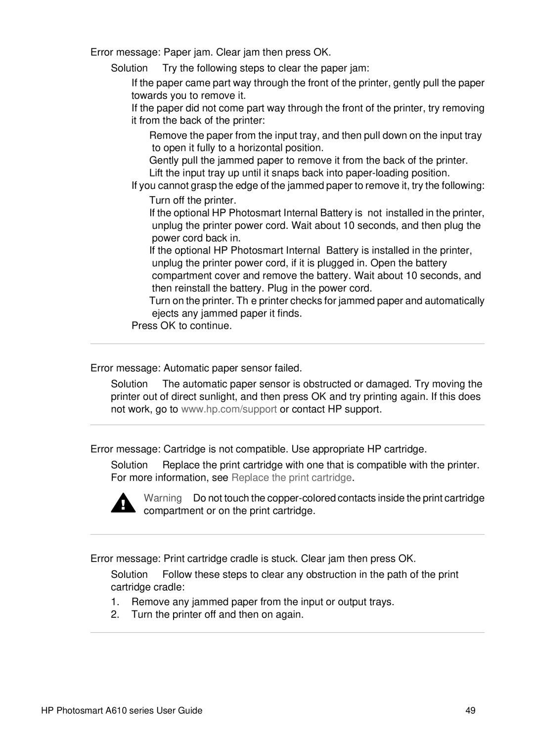 HP A610 manual Error message Paper jam. Clear jam then press OK 