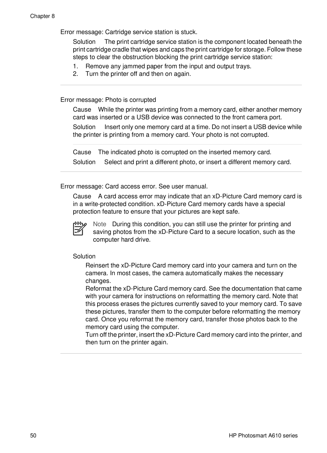 HP A610 manual Error message Cartridge service station is stuck, Error message Photo is corrupted 