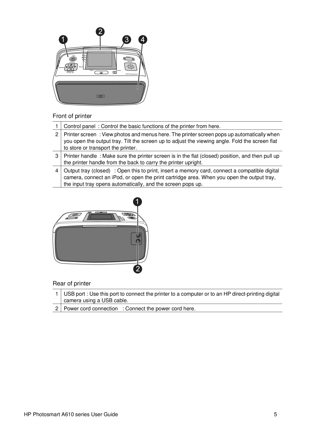 HP A610 manual Front of printer, Rear of printer 