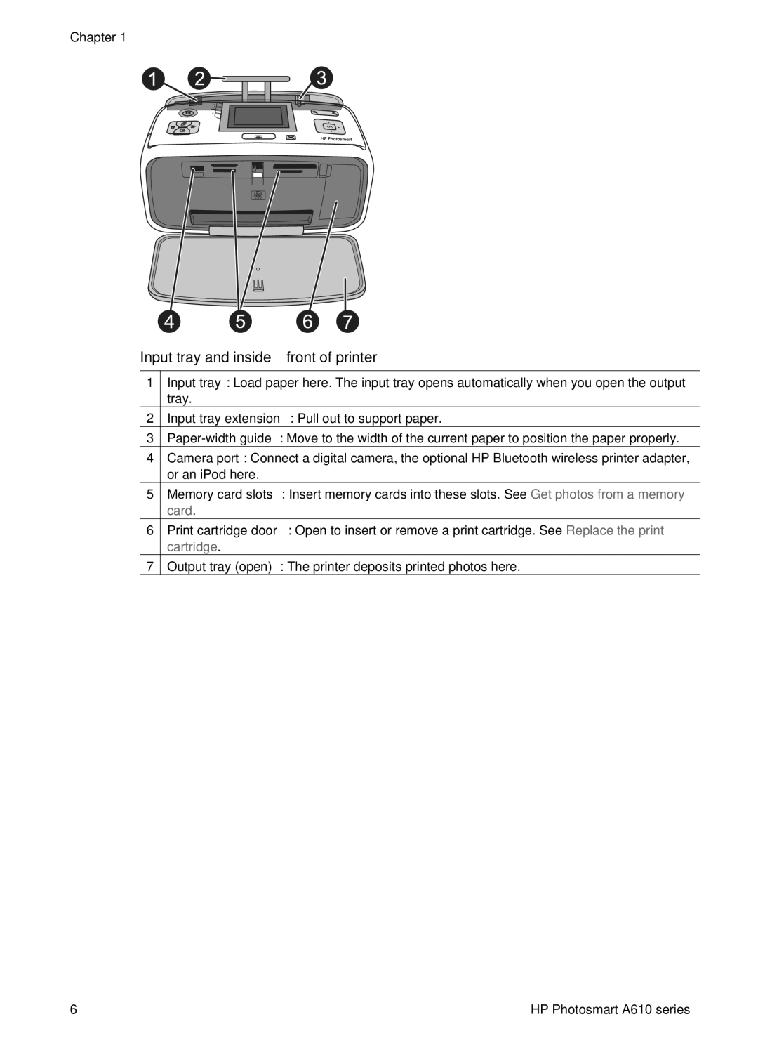 HP A610 manual Input tray and inside front of printer 