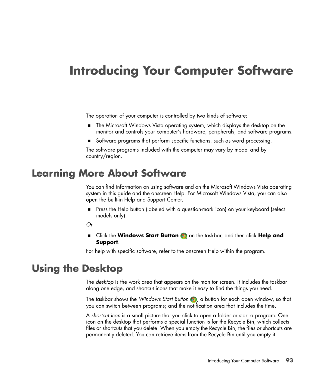 HP a6347c manual Introducing Your Computer Software, Learning More About Software, Using the Desktop 