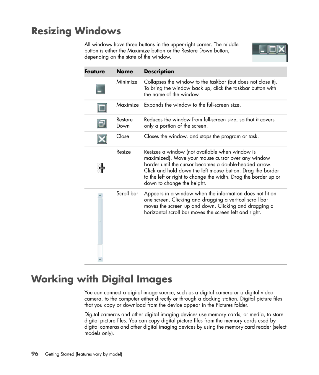 HP a6347c manual Resizing Windows, Working with Digital Images, Feature Name Description 