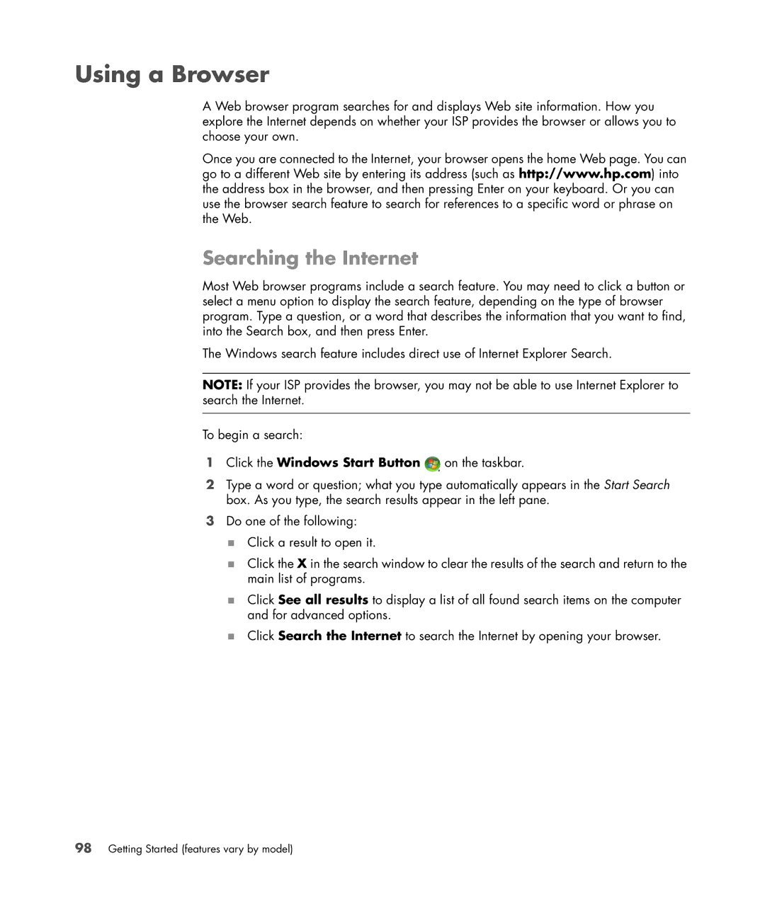 HP a6347c manual Using a Browser, Searching the Internet 