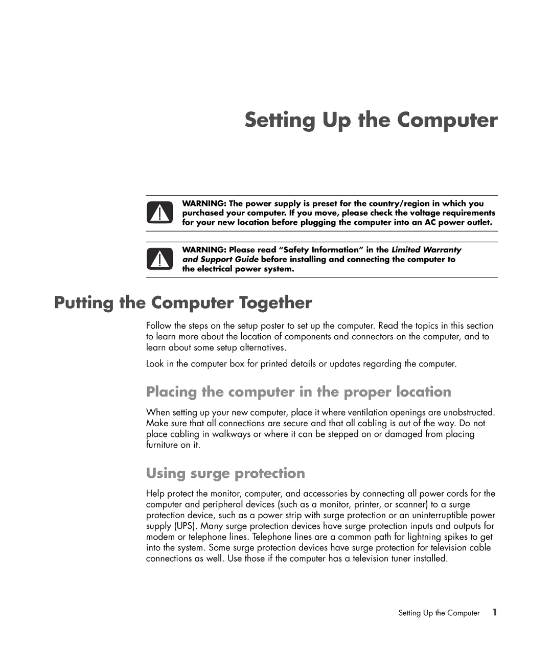 HP a6347c manual Setting Up the Computer, Putting the Computer Together, Placing the computer in the proper location 