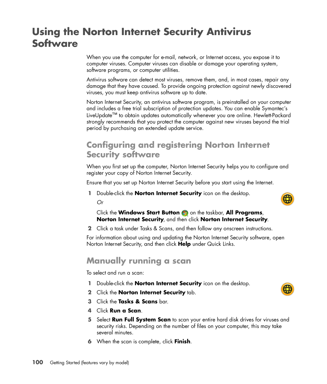 HP a6347c manual Using the Norton Internet Security Antivirus Software, Manually running a scan, Click Run a Scan 