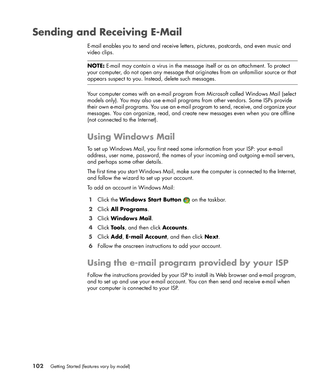 HP a6347c manual Sending and Receiving E-Mail, Using Windows Mail, Using the e-mail program provided by your ISP 