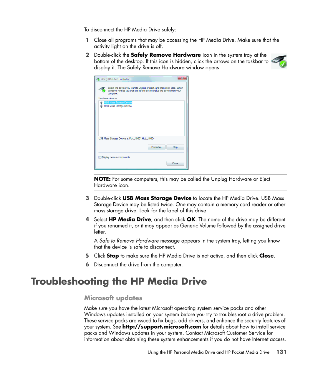 HP a6347c manual Troubleshooting the HP Media Drive, Microsoft updates 