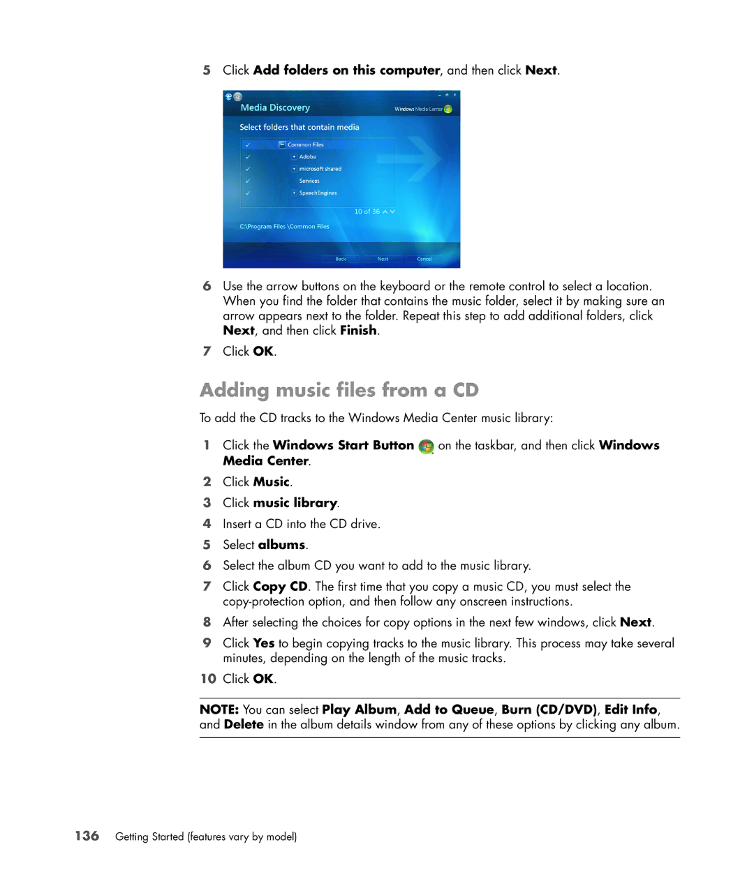 HP a6347c manual Adding music files from a CD, Click Add folders on this computer, and then click Next, Click music library 