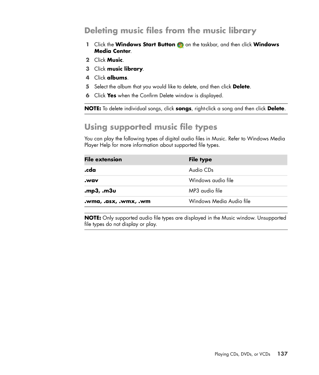 HP a6347c manual Deleting music files from the music library, Using supported music file types 