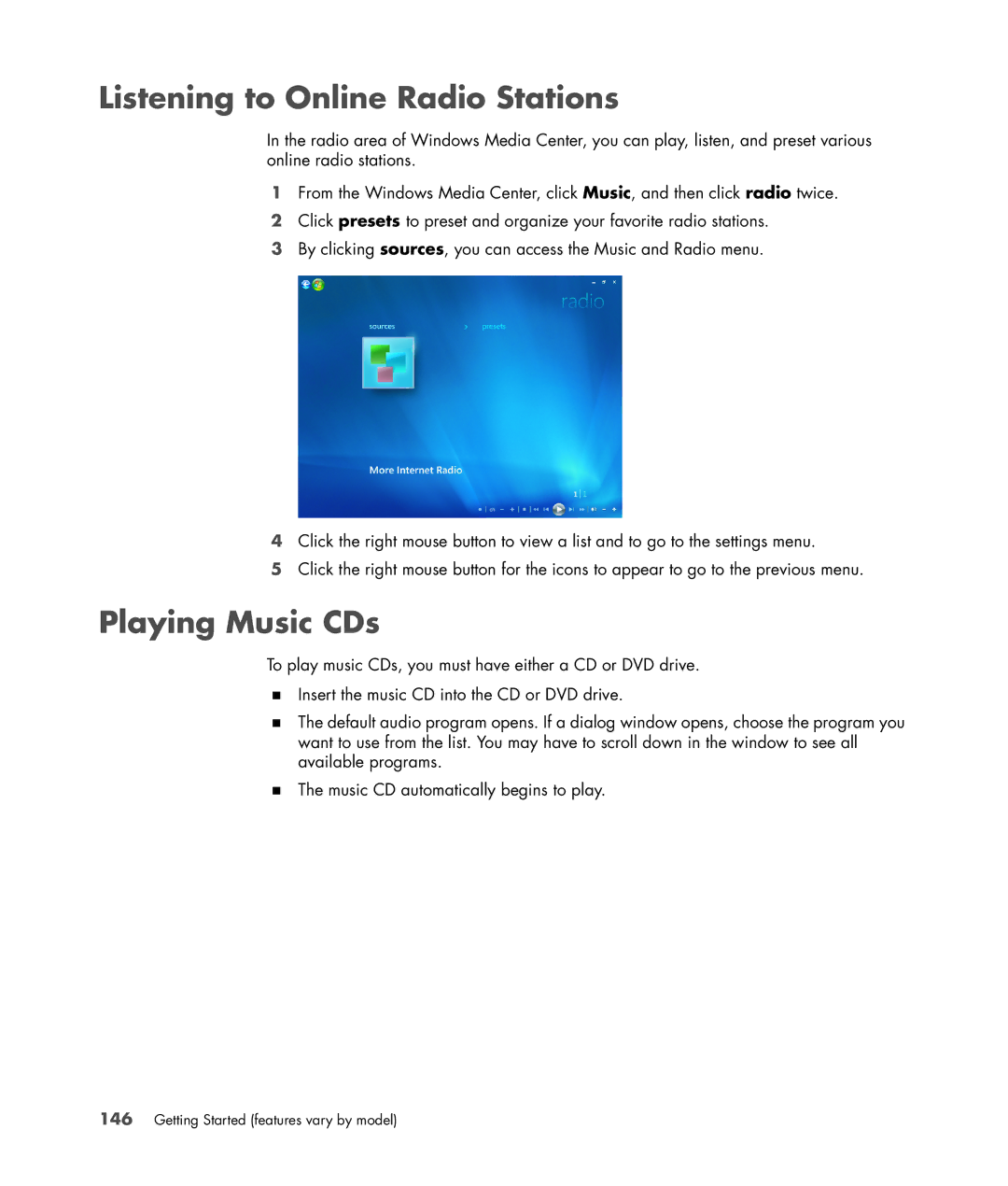 HP a6347c manual Listening to Online Radio Stations, Playing Music CDs 