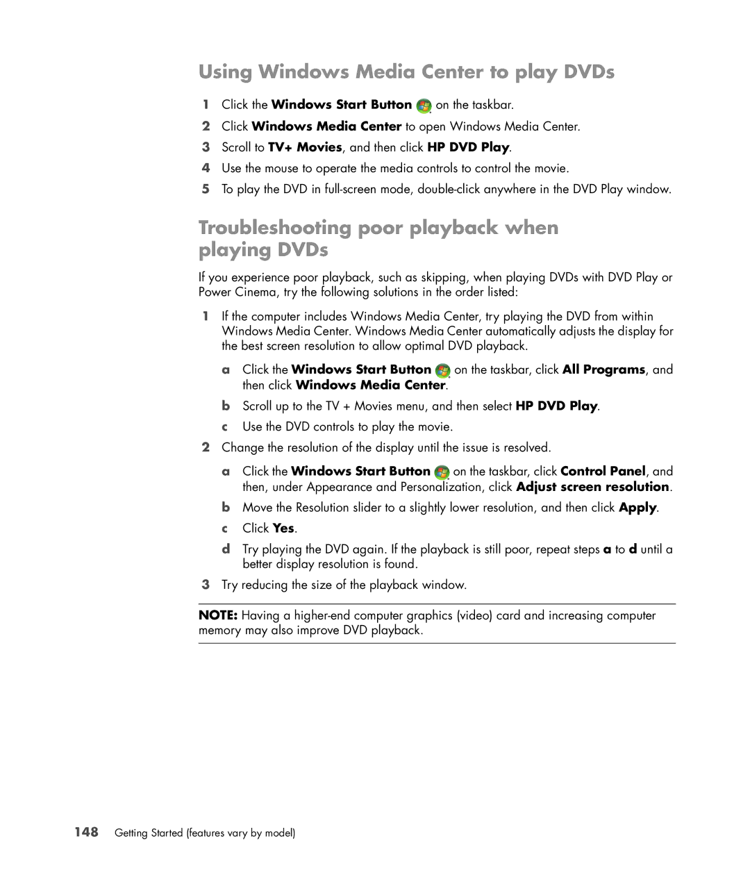 HP a6347c manual Using Windows Media Center to play DVDs, Troubleshooting poor playback when playing DVDs 