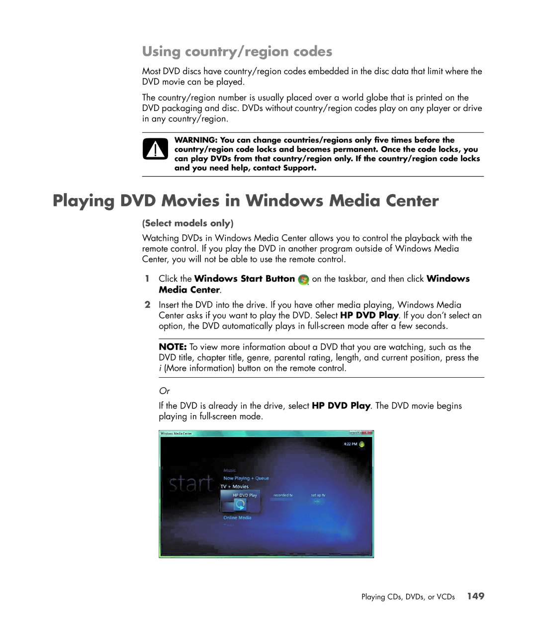 HP a6347c manual Playing DVD Movies in Windows Media Center, Using country/region codes 