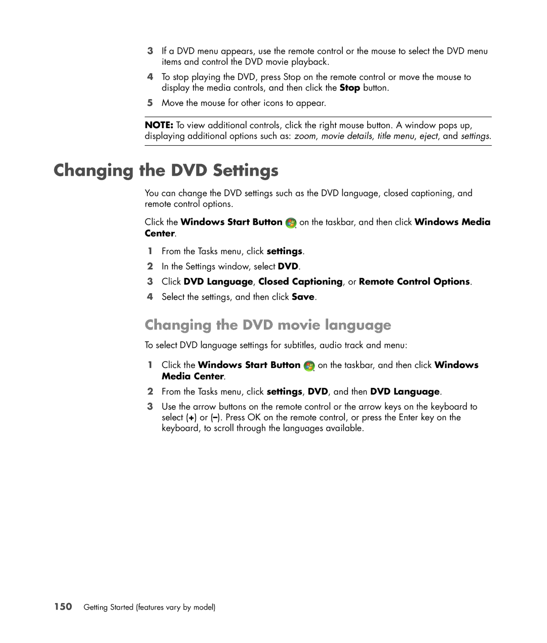 HP a6347c manual Changing the DVD Settings, Changing the DVD movie language 