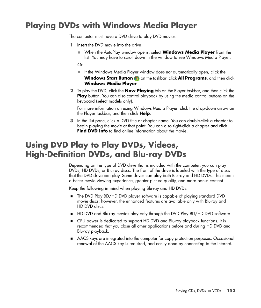 HP a6347c manual Playing DVDs with Windows Media Player 